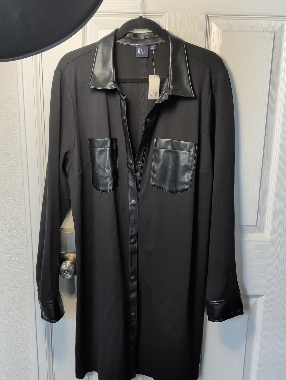 GAP Black Long Shirt Jacket with Faux-Leather Trim